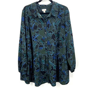 LOGO Lori Goldstein Pleated Tunic Blouse Long Sleeve Blue Green Black Lagen 1XL